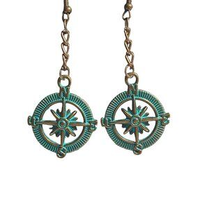 Nautical Compass Dangle Earrings Antique Bronze Patina Chain Hook Beach Core